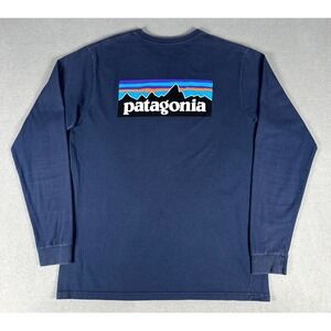Patagonia Shirt Mens Large Blue P6 Logo Sun Faded Organic Cotton Outdoor Nature
